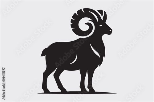 A ram curved horns and a strong body.