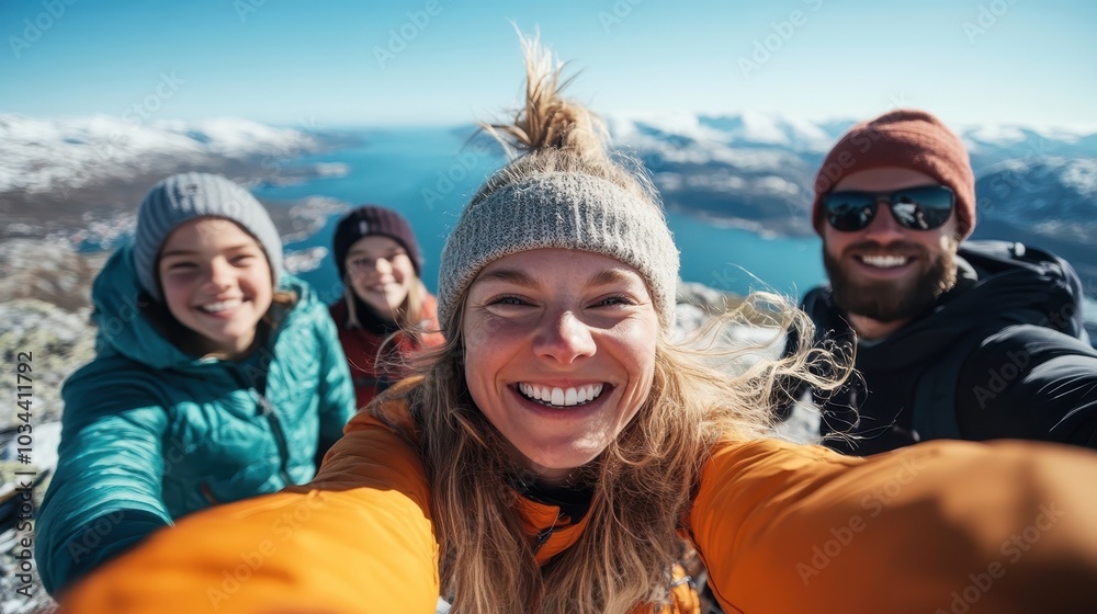 A group of adventurous friends captured in a joyful moment while hiking in stunning snowy mountain scenery, showcasing their adventurous spirit and togetherness. A group of adventurous friends captured in a joyful moment while hiking in stunning snowy mountain scenery, showcasing their adventurous spirit and togetherness.