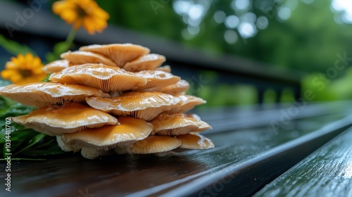 A stack of golden wild mushrooms is artfully placed on a wooden bench under a gentle rainfall, evoking the fresh, organic allure of nature's bounty. photo