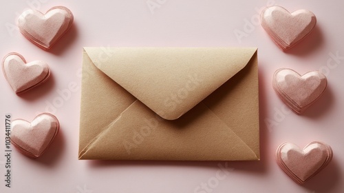 A brown envelope surrounded by pink hearts on a light pink background.