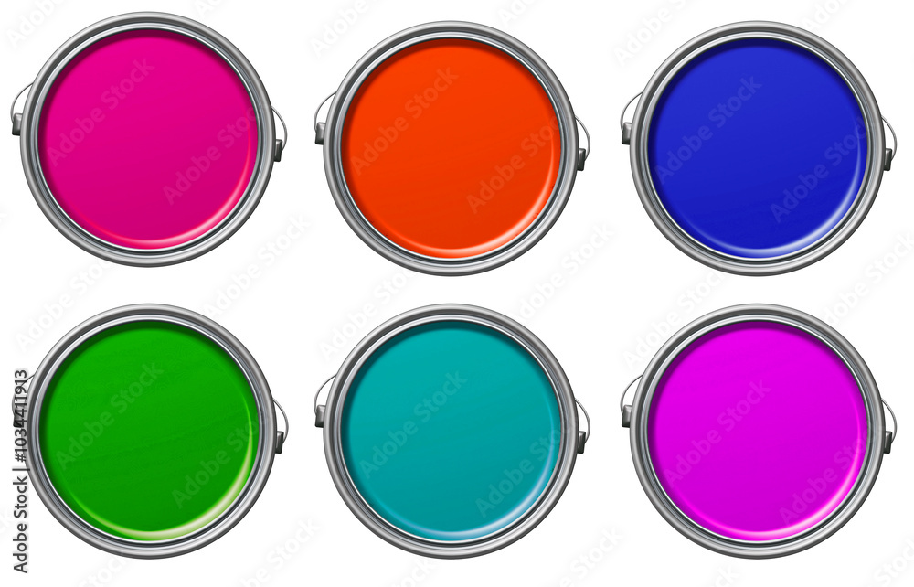 Paint cans opened and displayed on a white background. Top view featuring yellow, red, blue, purple, green, and pink colors, along with ink bottles. Paint cans opened and displayed on a white background. Top view featuring yellow, red, blue, purple, green, and pink colors, along with ink bottles.