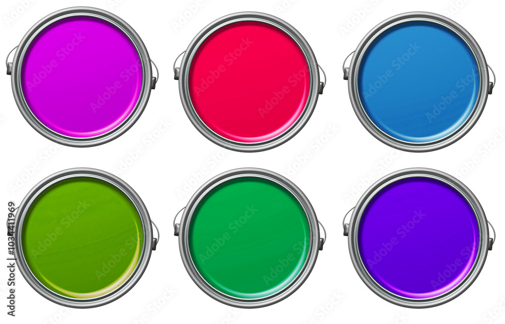 Opened paint can on white background, top view, Yellow, red, blue, purple, green, pink paint can. Paint cans of different colors. Paint, inkwell. colored paints Opened paint can on white background, top view, Yellow, red, blue, purple, green, pink paint can. Paint cans of different colors. Paint, inkwell. colored paints