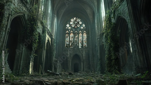 Overgrown Ruins of an Ancient Cathedral with Stained Glass Window