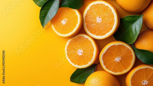 Several juicy oranges are beautifully arranged on a bright yellow background with fresh green leaves, highlighting the vibrancy and freshness of citrus fruits. photo