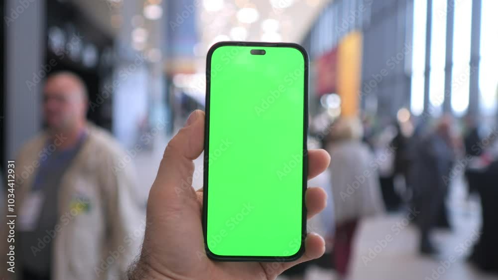 A smartphone held in a hand displaying a green screen in a busy city setting around