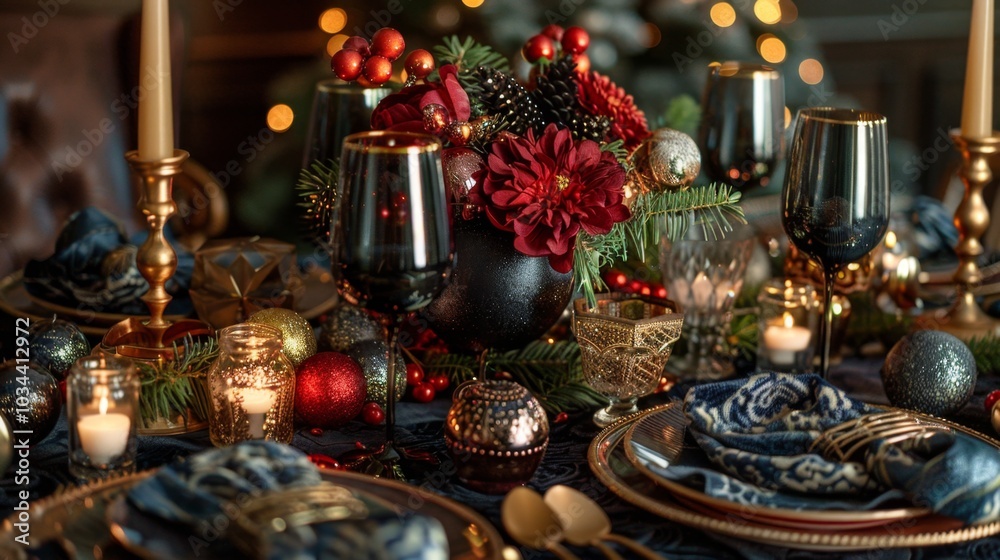 Elegant holiday table setting with festive decorations and candles Elegant holiday table setting with festive decorations and candles
