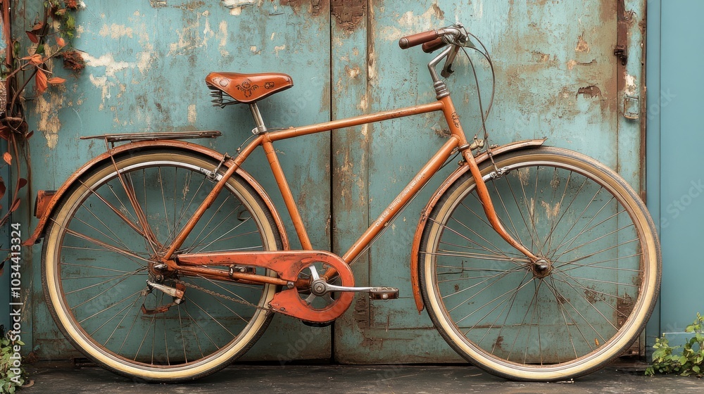 An old, rusty bicycle leaning against a weathered blue door. An old, rusty bicycle leaning against a weathered blue door.