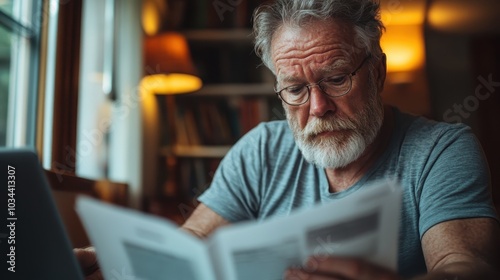 An elderly man with a beard and glasses reads papers by the light of a lamp in a dimly lit study, surrounded by books, reflecting focus and wisdom.