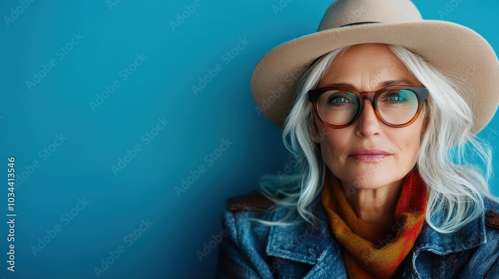 An elegant woman with silver hair and glasses wearing a hat and colorful clothes, stands against a vibrant blue wall, exuding confidence and charm. An elegant woman with silver hair and glasses wearing a hat and colorful clothes, stands against a vibrant blue wall, exuding confidence and charm.