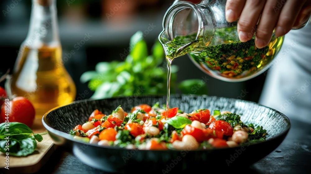 A lush and colorful salad full of fresh tomatoes and beans is generously topped with a green herbal dressing, emphasizing wholesome cuisine and artistry. A lush and colorful salad full of fresh tomatoes and beans is generously topped with a green herbal dressing, emphasizing wholesome cuisine and artistry.