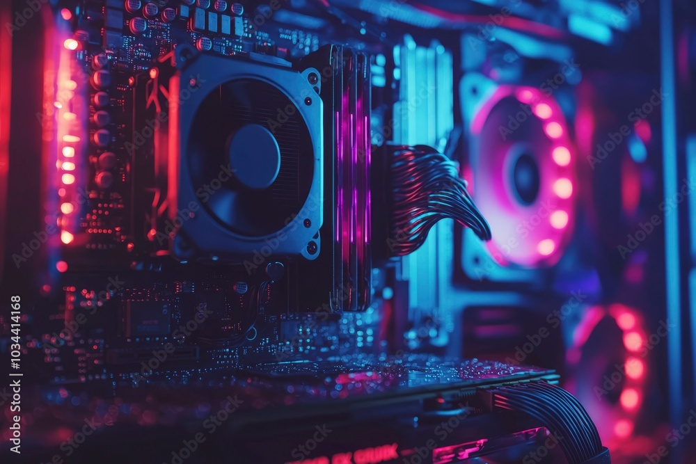 Fototapeta premium Close-up of a Computer Motherboard with RGB Lighting