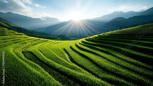 This image portrays vibrant green terraced fields under a stunning sunrise, casting golden rays over the lush landscape nestled amidst serene mountains.