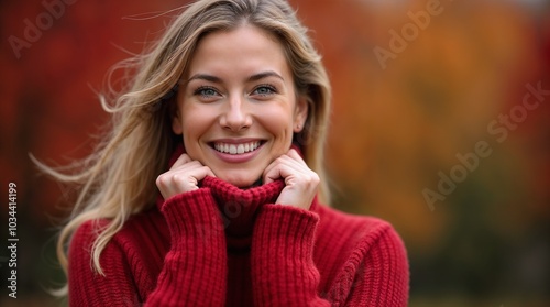 Portrait of a cheerful woman wearing a cozy red sweater, surrounded by vibrant autumn leaves. The scene evokes warmth, happiness, and the essence of fall.