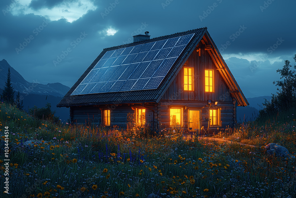 A house illuminated by solar panels during a blackout, representing self-sufficiency in energy. Concept of solar energy. A house illuminated by solar panels during a blackout, representing self-sufficiency in energy. Concept of solar energy.