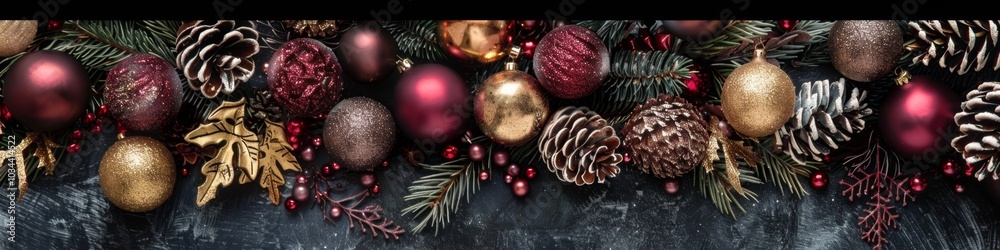 Elegant holiday arrangement with pinecones, ornaments, and evergreen foliage for seasonal decor Elegant holiday arrangement with pinecones, ornaments, and evergreen foliage for seasonal decor