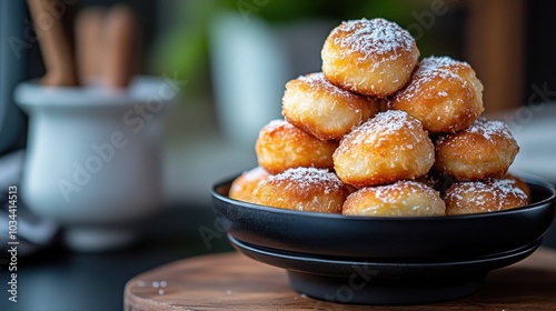 A delightful tower of golden, sugar-coated pastries is neatly stacked in a black bowl, showcasing a tempting and appetizing view that calls to anyone with a sweet tooth. photo