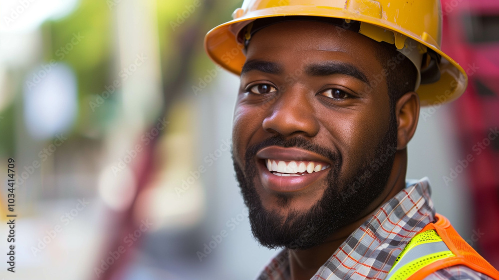 smiling construction worker in a hard hat and safety vest smiling construction worker in a hard hat and safety vest