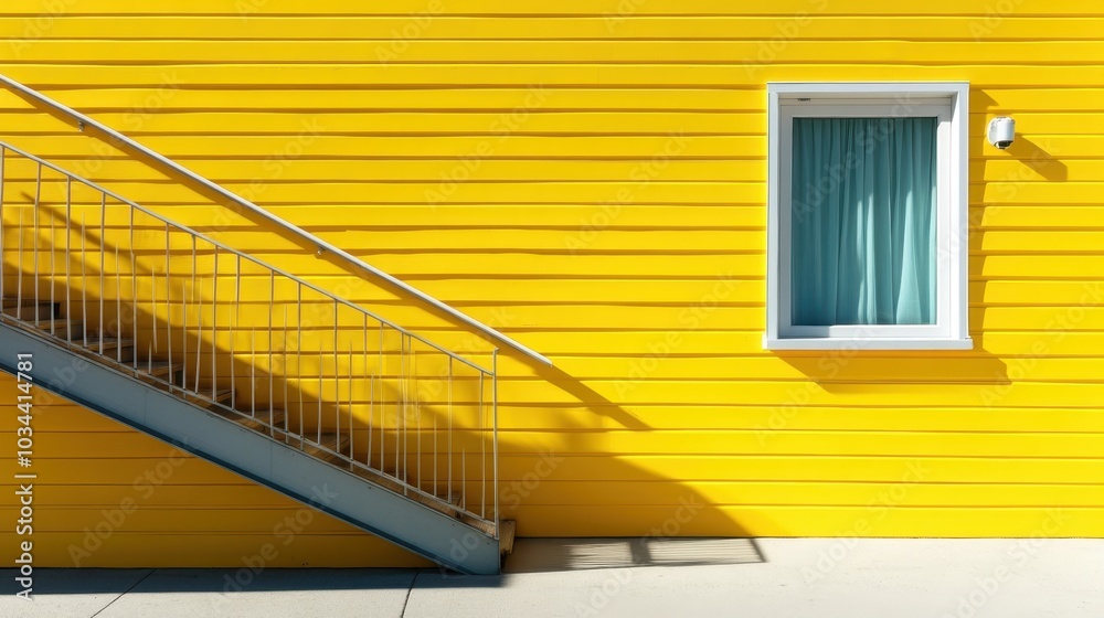 Diagonal shadows of a staircase fall across a bright yellow wall featuring a centered blue-tinted window, creating a dramatic composition of colors and lines. Diagonal shadows of a staircase fall across a bright yellow wall featuring a centered blue-tinted window, creating a dramatic composition of colors and lines.