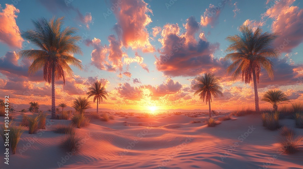 Beautiful oasis in the desert with panoramic views of the sunset over the sand Beautiful oasis in the desert with panoramic views of the sunset over the sand