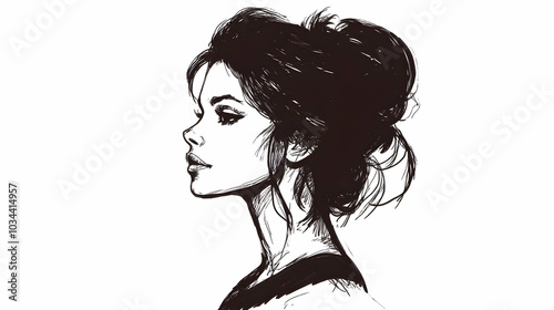 Illustration of a woman in profile, sketched in black and white, with an updo hairstyle in a fashion design style 