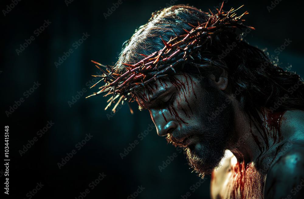 Side view of jesus christ wearing crown of thorns and bleeding Side view of jesus christ wearing crown of thorns and bleeding
