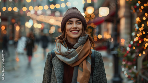 smiling woman wearing a stylish coat and scarf, walking along a city street with festive decorations and holiday lights