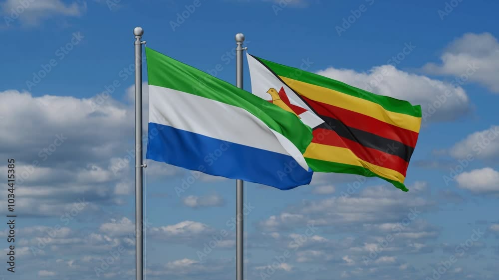 Zimbabwe and Sierra Leone flags flying together, video concept of the relationship, two country cooperation concept Zimbabwe and Sierra Leone flags flying together, video concept of the relationship, two country cooperation concept