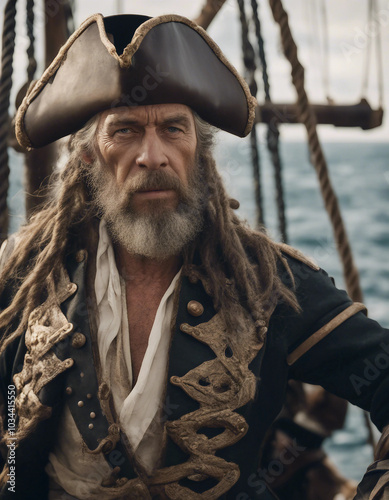 Close-up of a weathered pirate ship captain at the helm, exuding authority amid a bustling crew.






 photo