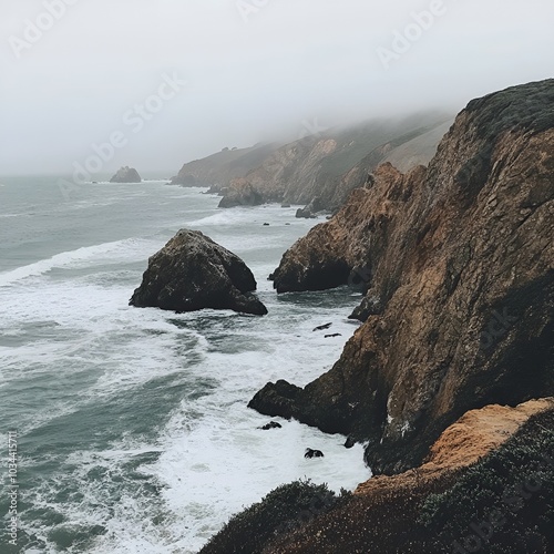 A rocky coastline with dramatic cliffs plunging into the ocean. waves crashing on rocks The sky was overcast, making the atmosphere feel rough.