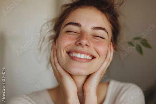 Woman smiling, hands on face, eyes closed, sunlight filtering through trees, expressing joy and relaxation.