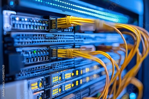 Close-up of Yellow Network Cables Plugged into a Server Rack photo