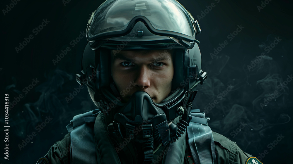 stoic fighter pilot in full gear, staring into the distance, with ample copy space against a dark background stoic fighter pilot in full gear, staring into the distance, with ample copy space against a dark background