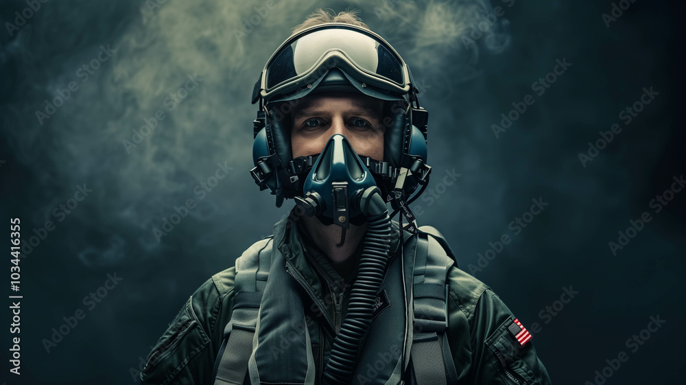 stoic fighter pilot in full gear, staring into the distance, with ample copy space against a dark background stoic fighter pilot in full gear, staring into the distance, with ample copy space against a dark background