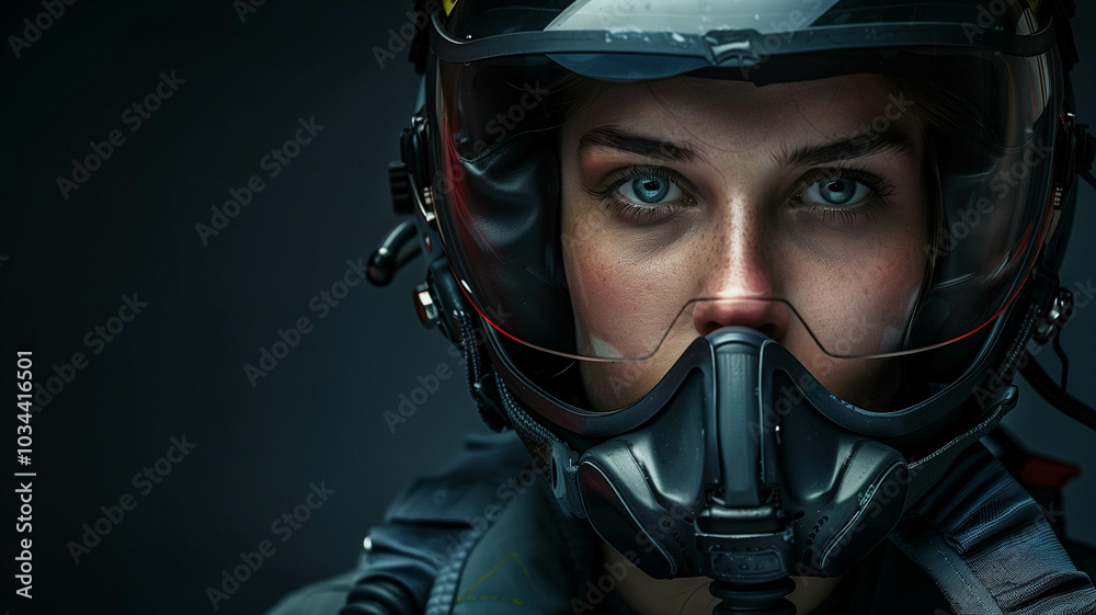 stoic fighter pilot in full gear, staring into the distance, with ample copy space against a dark background stoic fighter pilot in full gear, staring into the distance, with ample copy space against a dark background