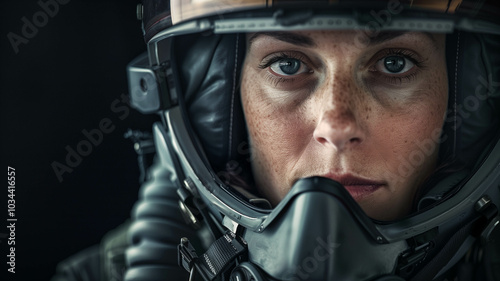 stoic fighter pilot in full gear, staring into the distance, with ample copy space against a dark background