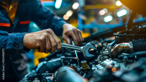 Technician's using a wrench on a car engine, working under the car hood