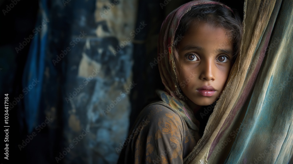 Fototapeta premium A Yemeni girl lives with her family in a camp for displaced people fleeing the hell of war