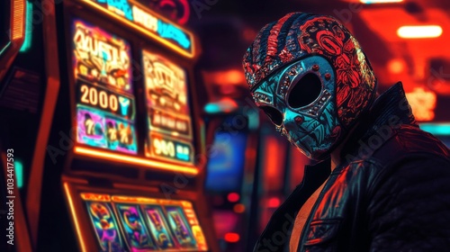 Slot machine with stencil art and luchador symbols spray paint textures and provocative themes photo