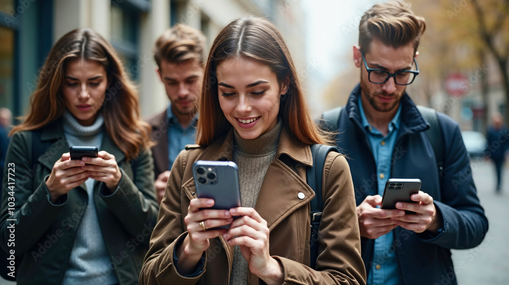 Fototapeta premium Group of young people using mobile phones on the street.