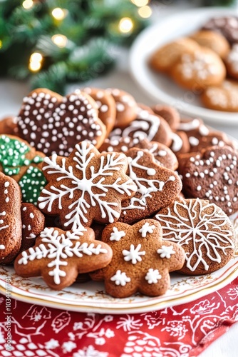 Christmas cookies decorated with icing forming a festive background