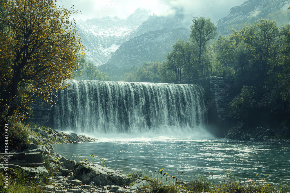 Fototapeta premium A dam generating power from a flowing river, representing the power of water as a renewable energy source. Concept of hydropower.