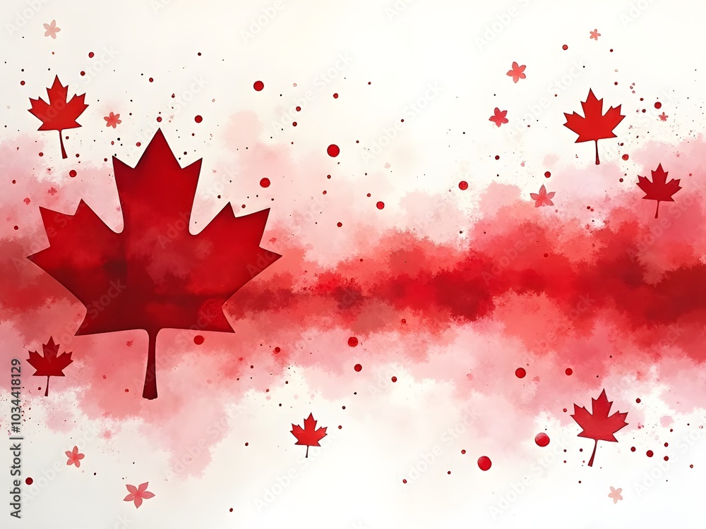 abstract design with splashes of red and white, reminiscent of the colors of the Canadian flag. Painted maple leaves are scattered throughout, adding a natural element to the composition. abstract design with splashes of red and white, reminiscent of the colors of the Canadian flag. Painted maple leaves are scattered throughout, adding a natural element to the composition.