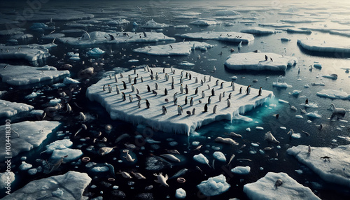 A visual of a desolate Arctic, where animals like seals or penguins stand on melting ice floes, surrounded by dark, polluted water.  photo