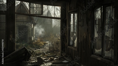 Haunting abandoned house in misty woodland setting for halloween atmosphere photo