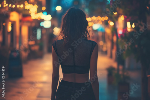 Woman strides confidently down city street at night, bathed in the ambient glow of streetlights, casting elongated shadows. photo