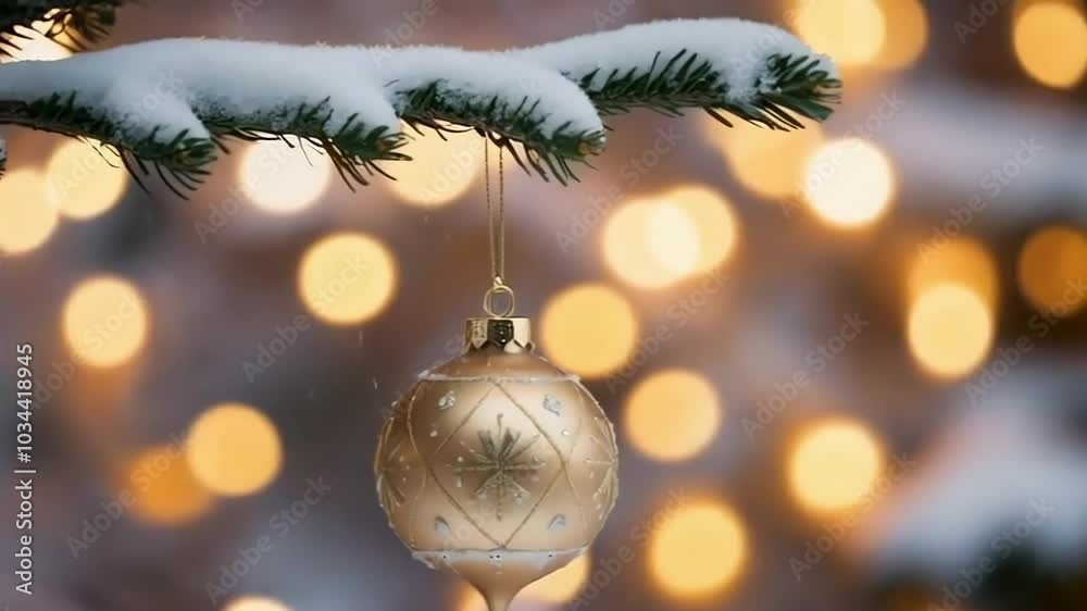 Festive Gold Christmas Ornament Hanging on Snowy Branch Against Bokeh Lights Festive Gold Christmas Ornament Hanging on Snowy Branch Against Bokeh Lights
