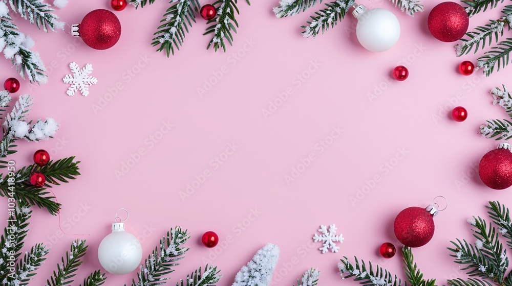 Pink Christmas Flat Lay with Fir Branches, Red and White Baubles, Snowflakes, and Red Berries, Minimalistic Composition with Copy Space for Holiday Cards, Winter Art, and Festive Designs
Pink Christmas Flat Lay with Fir Branches, Red and White Baubles, Snowflakes, and Red Berries, Minimalistic Composition with Copy Space for Holiday Cards, Winter Art, and Festive Designs