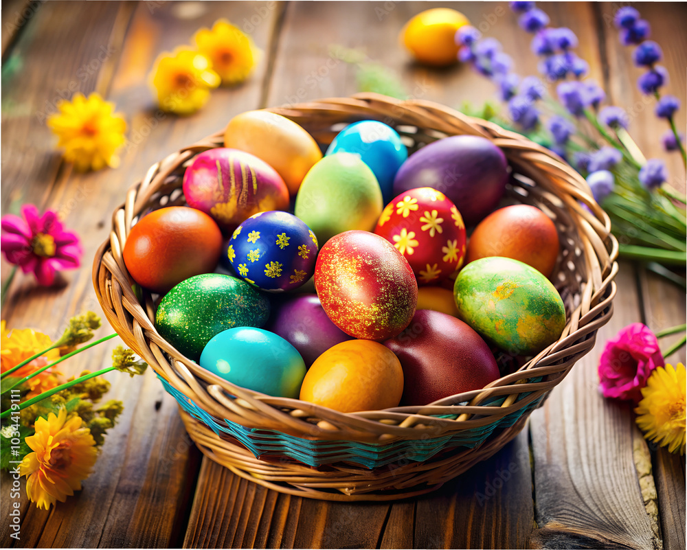 a basket of easter eggs with a around the top. a basket of easter eggs with a around the top.