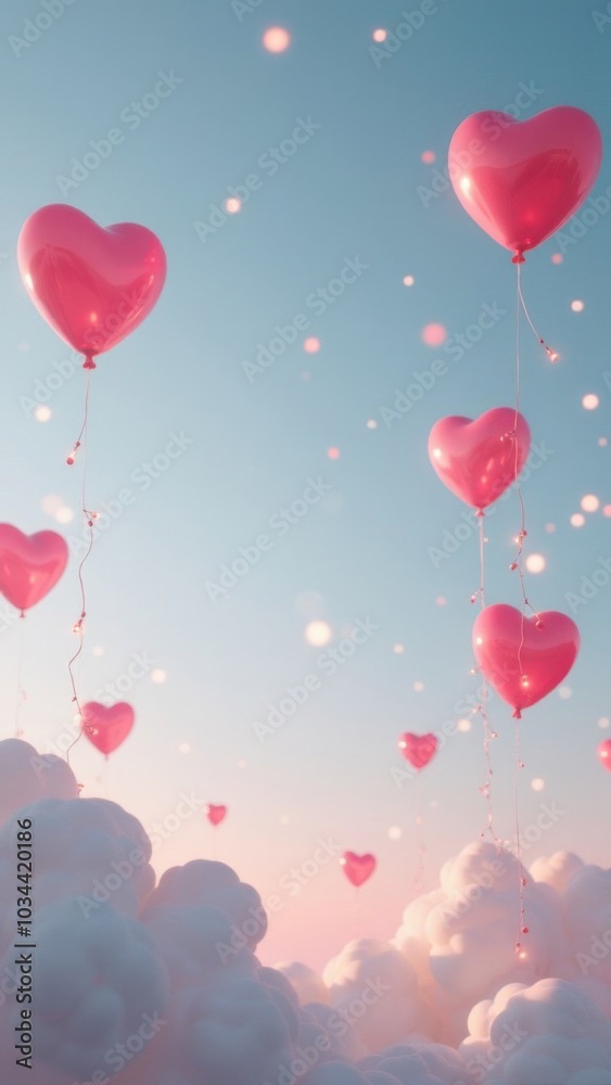 Heart-shaped balloons floating in a pastel sky above soft clouds during sunset, creating a dreamy atmosphere for celebration Heart-shaped balloons floating in a pastel sky above soft clouds during sunset, creating a dreamy atmosphere for celebration