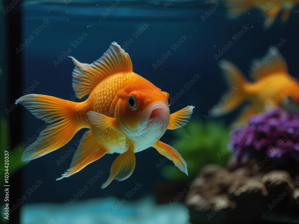 Oranda goldfish in aquarium fish tank close up Oranda goldfish in aquarium fish tank close up